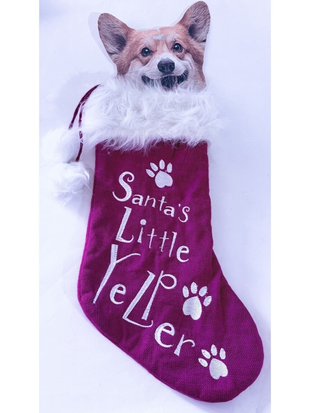 Santa’s Little Yelper Corgi Dog Christmas Stocking Red White Paw Print 18in